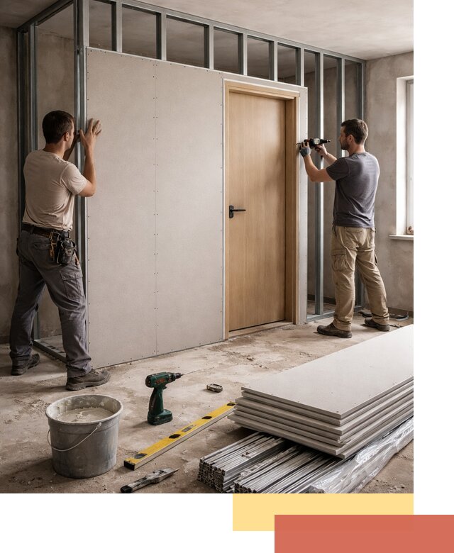 Перегородка из гипсокартона с дверью под ключ в Горячем Ключе