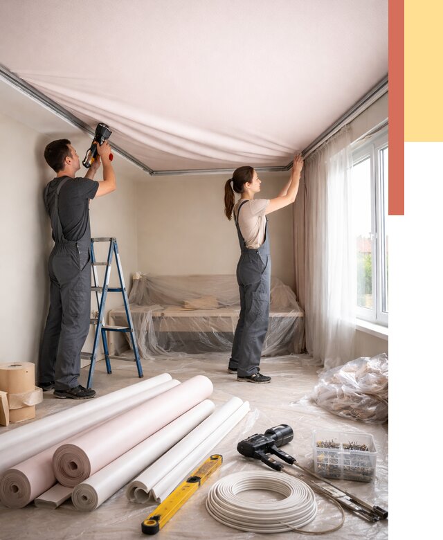 Монтаж цветного натяжного потолка в Горячем Ключе от 4340 руб/м² — быстро и недорого | ОТДЕЛОЧНИК-Грч