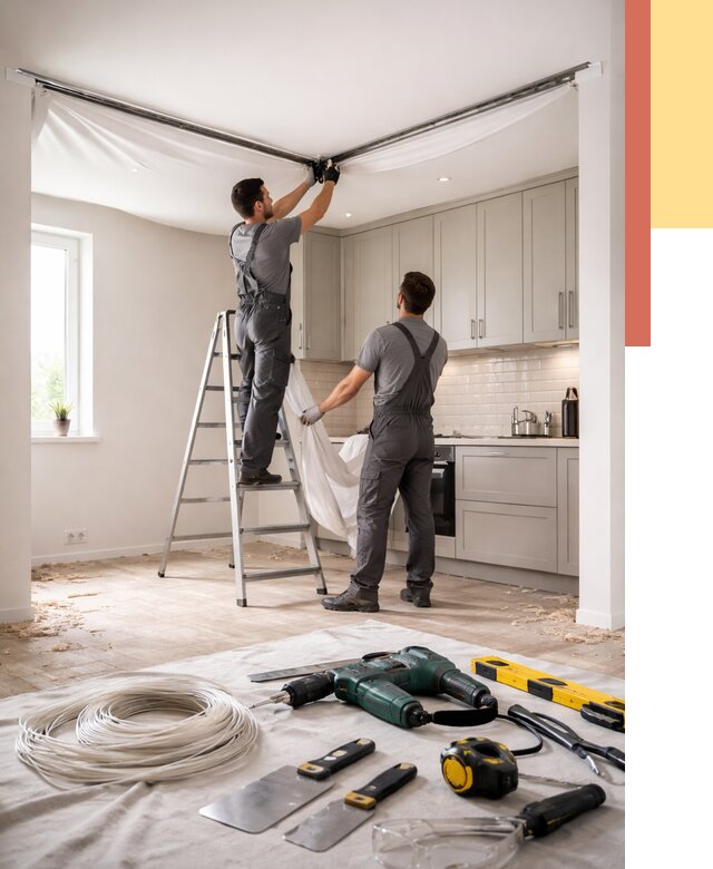 Установка натяжного потолка на кухне в Горячем Ключе от 2480 руб. | ОТДЕЛОЧНИК-Грч