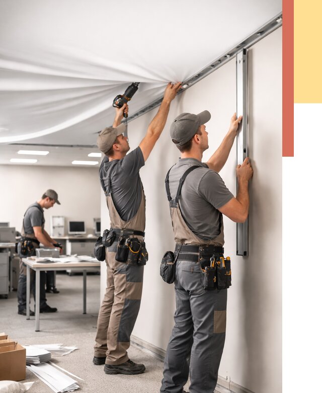 Монтаж натяжного потолка в офисе в Горячем Ключе от 465 руб/м² — быстро и недорого | ОТДЕЛОЧНИК-Грч